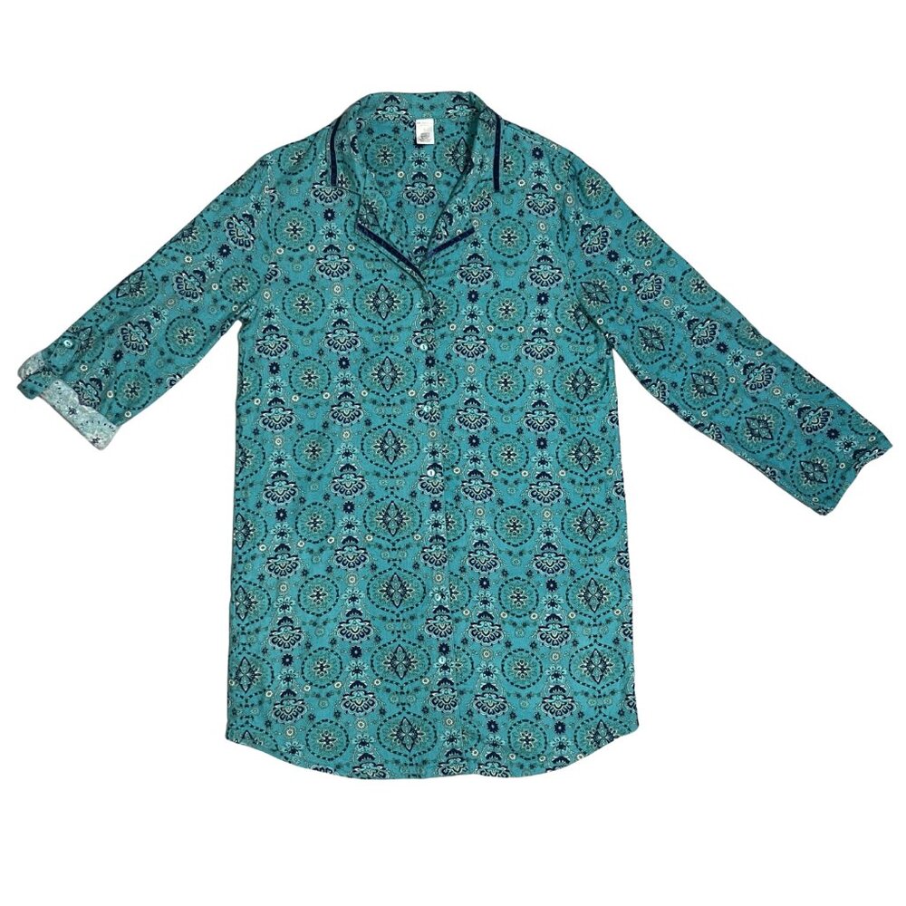 Liz Claiborne Nightgown Size L Teal Medallion Print Sleepwear Quiet Luxury Style